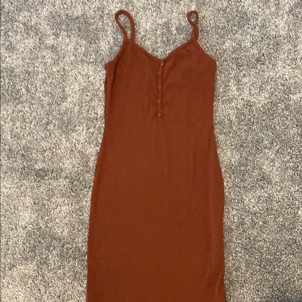 Brown Ribbed Buttoned Bodycon Midi Dress